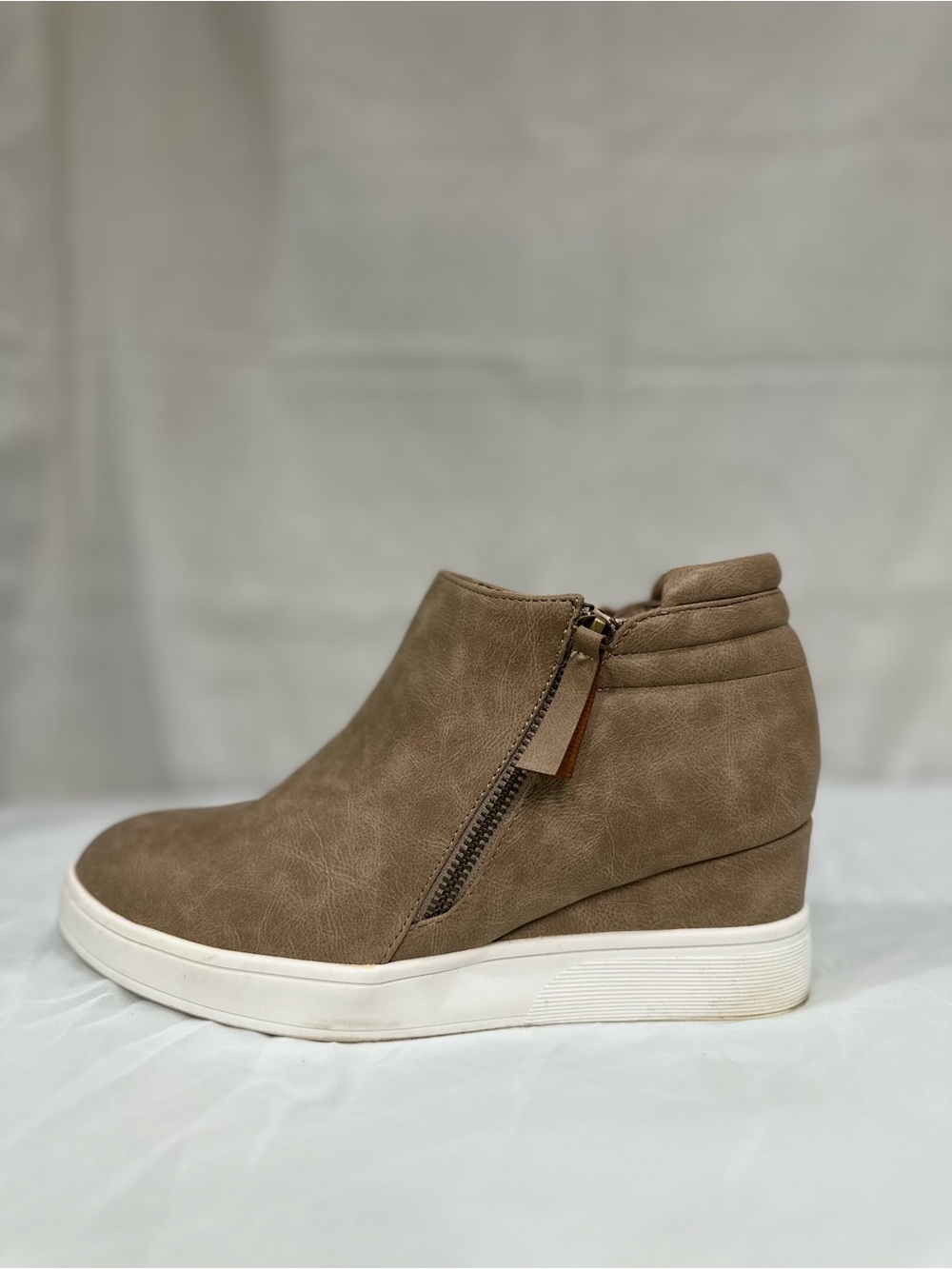 Women's Taupe Slip-On Ankle Wedge Booties with White Sole